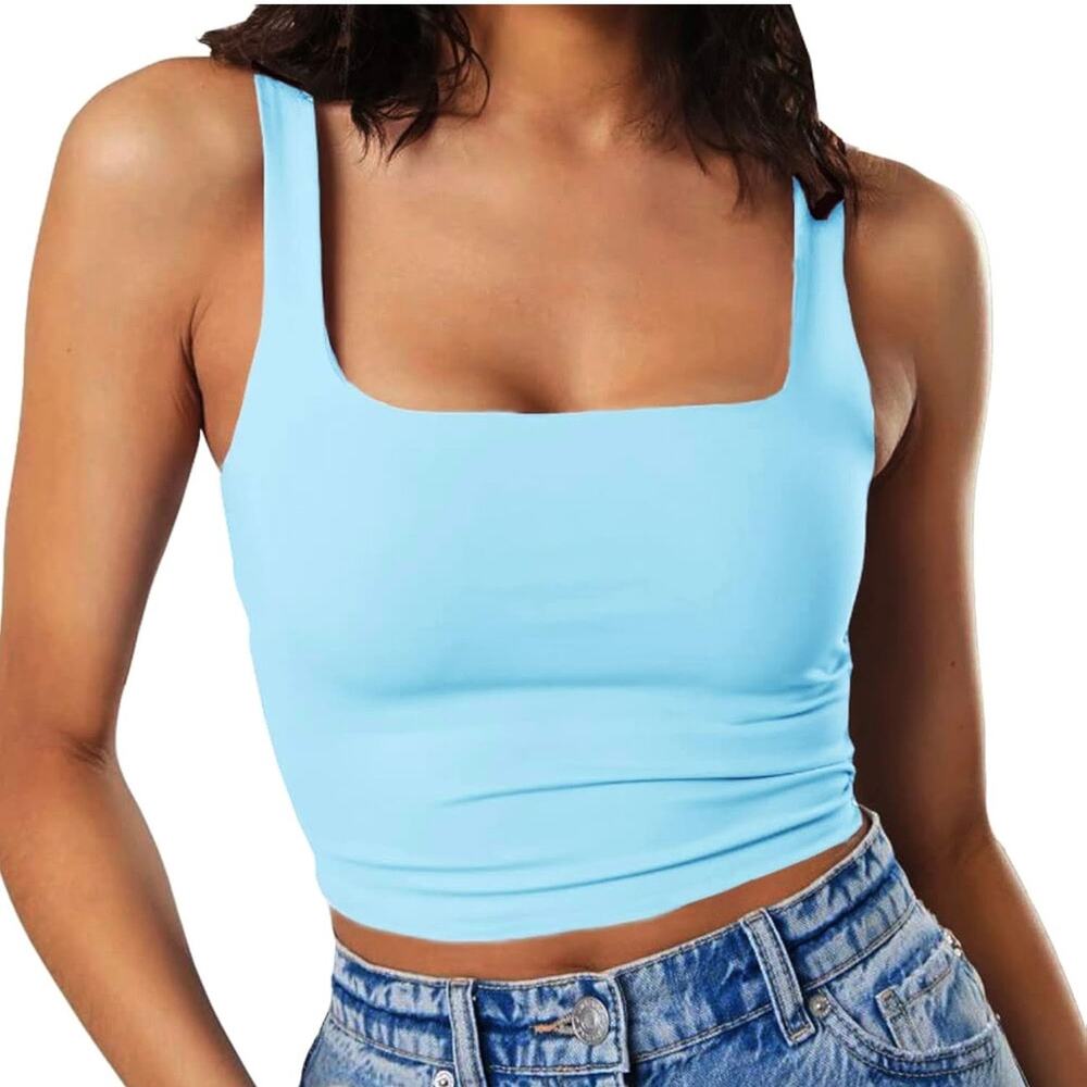 Women's Sleeveless Strappy Tank Square Neck Double Layer Crop Top